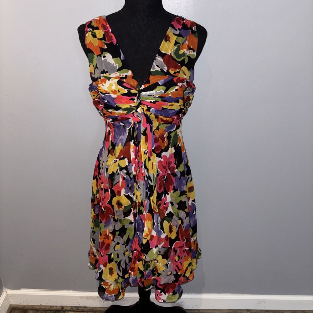 VTG Donna Ricco Dress Sz 8 Silk Chiffon Sheath Floral Print Y2K Whimsy Colorful